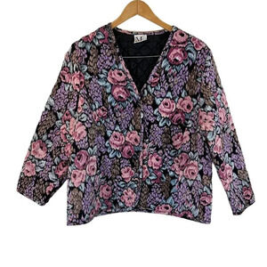 Ms. Russ Quilted Floral Button Up Blouse Vintage Muted Pink Purple Blue Black